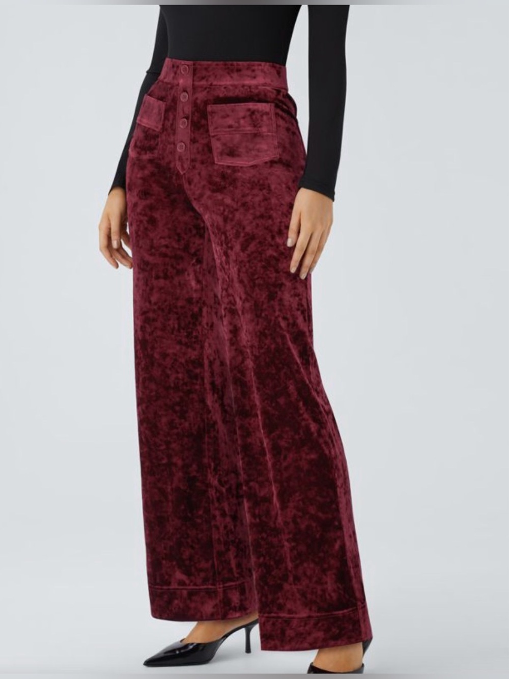 Halaraβ High Waisted Pockets Straight Leg Velvet Casual Pants Large Burgundy Red